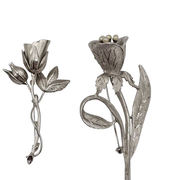 2PC Brooch SilverTone Spring Tulip Lily Floral Lapel Pin Brooch Lot Stmt Elegant - Picture 5 of 16